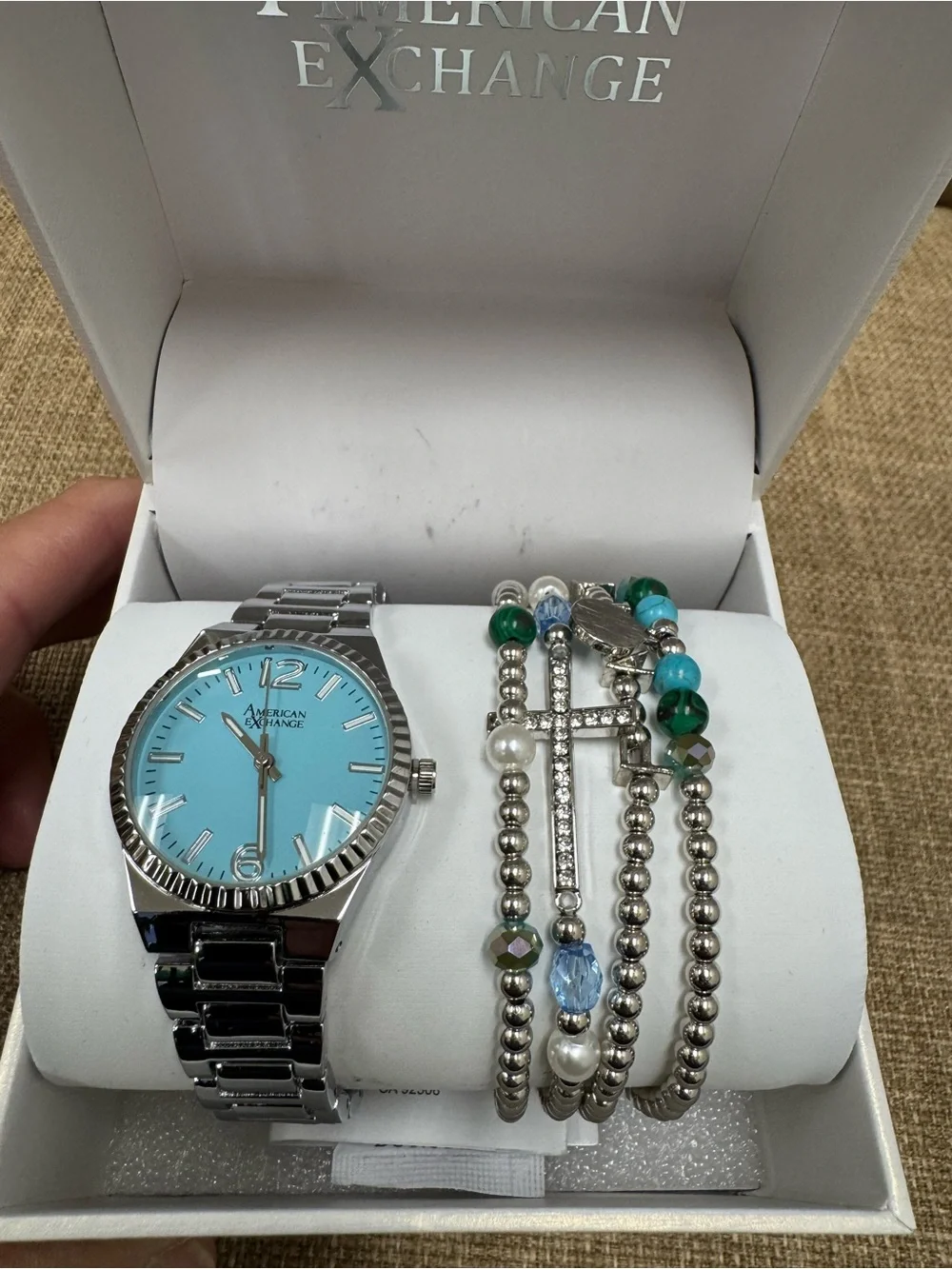 American Exchange Women’s Quartz Silver Tone Blue Dial Bracelet Box Set
